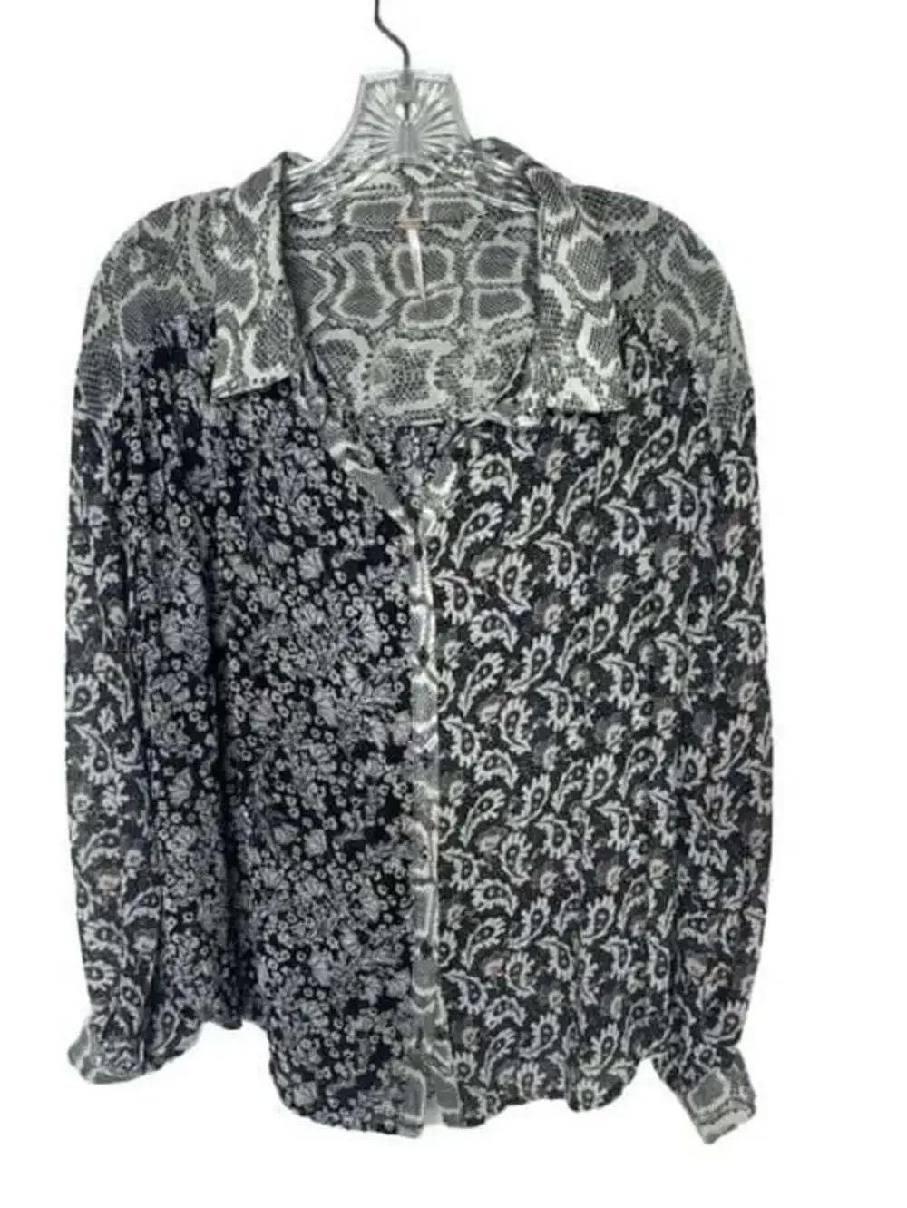 Free People Dani Button Down Mixed Print Sheer Blouse. Size Medium.